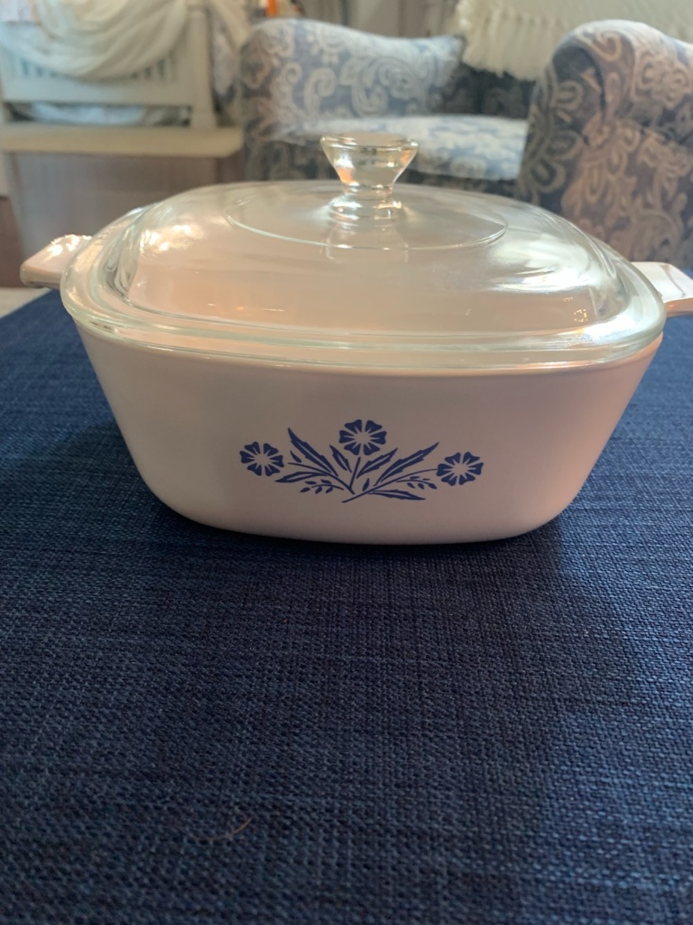 Corningware White Casserole with Blue Floral Pattern and Glass Lid. 1/12 qt